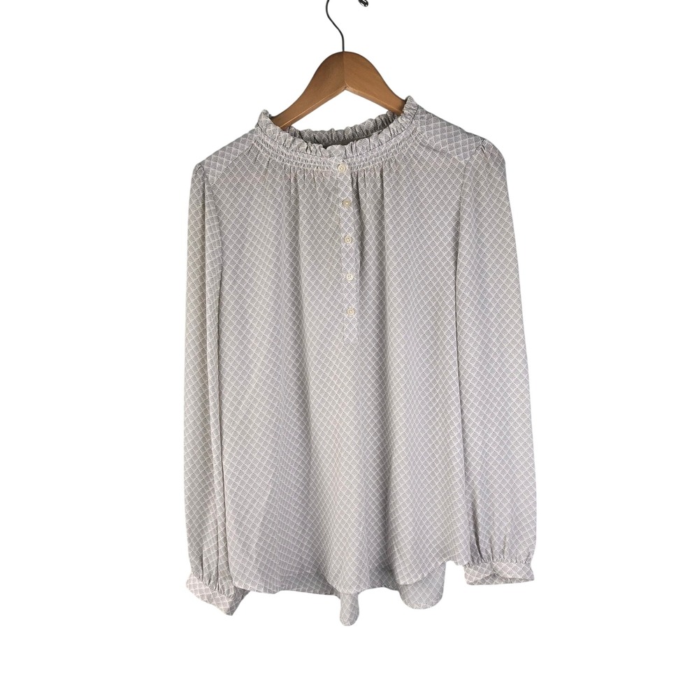 Loft Women L Beige Taupe White Leaf Print Smocked Ruffle Neck Long Sleeve Blouse